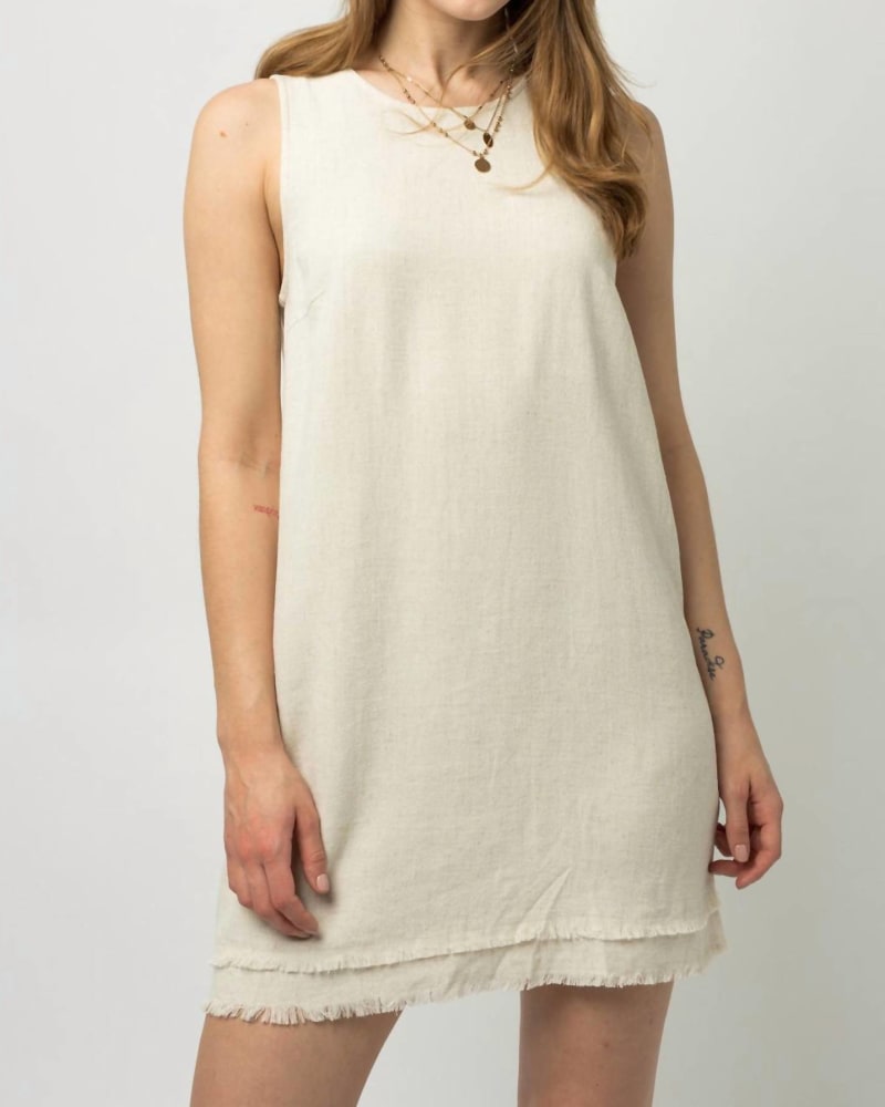 Front of a model wearing a size Large The Virginia Double Frayed Sleeveless Linen Shift Dress In Oatmeal in Oatmeal by Gilli. | dia_product_style_image_id:345272